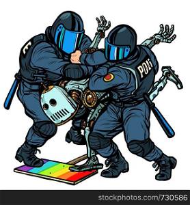 Fight the future. Robot. Police arrest activist protest lgbt gay parade. Pop art retro vector Illustrator vintage kitsch drawing. Fight the future. Robot. Police arrest activist protest lgbt gay parade