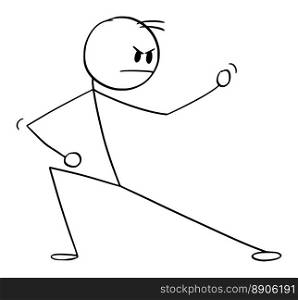 Fighter in Kung fu or martial arts pose or stance, vector cartoon stick figure or character illustration.. Fighter in Martial Arts or Kung Fu Pose , Vector Cartoon Stick Figure Illustration