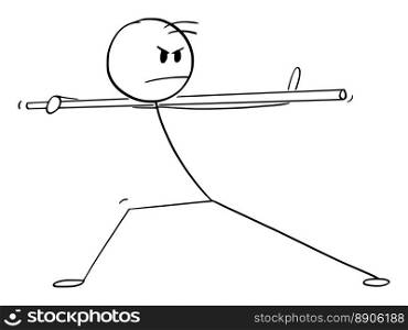Fighter in Kung fu or martial arts pose or stance with staff, vector cartoon stick figure or character illustration.. Fighter in Martial Arts or Kung Fu Pose with Staff, Vector Cartoon Stick Figure Illustration