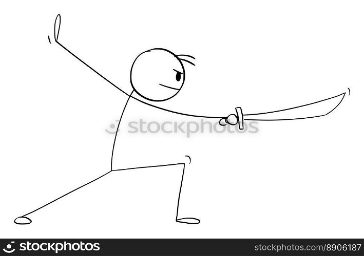 Fighter in Kung fu or martial arts pose or stance with sword, vector cartoon stick figure or character illustration.. Fighter in Martial Arts or Kung Fu Pose with Sword, Vector Cartoon Stick Figure Illustration