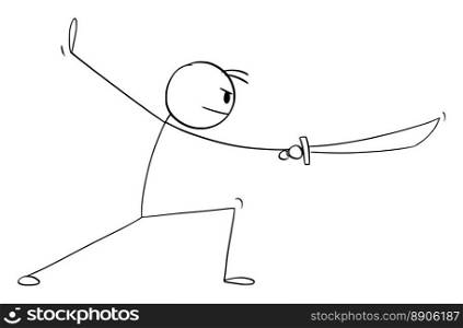 Fighter in Kung fu or martial arts pose or stance with sword, vector cartoon stick figure or character illustration.. Fighter in Martial Arts or Kung Fu Pose with Sword, Vector Cartoon Stick Figure Illustration