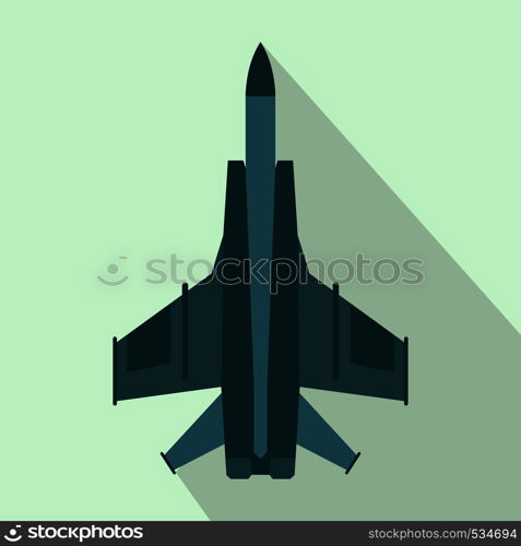 Fighter jet icon in flat style on a light blue background. Fighter jet icon in flat style