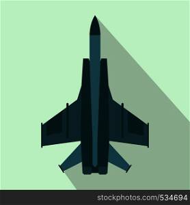 Fighter jet icon in flat style on a light blue background. Fighter jet icon in flat style