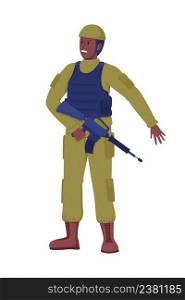 Fighter with carbine semi flat color vector character. Standing figure. Full body person on white. Militant in uniform simple cartoon style illustration for web graphic design and animation. Fighter with carbine semi flat color vector character