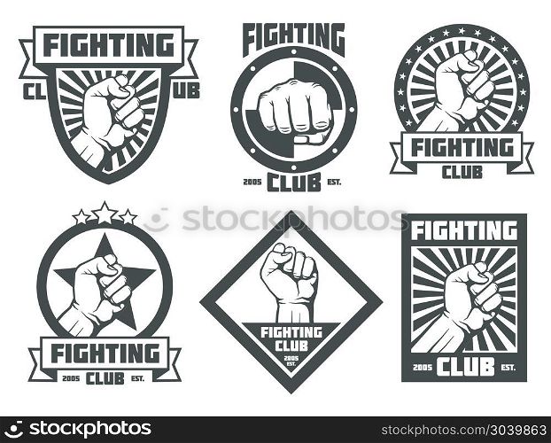 Fighting club mma lucha libre vintage vector emblems labels badges logos. Fighting club mma lucha libre vintage emblems labels badges logos with man fist. Vector illustration