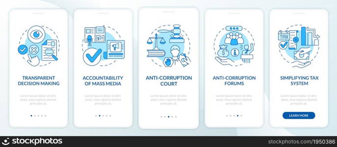 Fighting corruption onboarding blue mobile app page screen. Accountability and trust walkthrough 5 steps graphic instructions with concepts. UI, UX, GUI vector template with linear color illustrations. Fighting corruption onboarding blue mobile app page screen