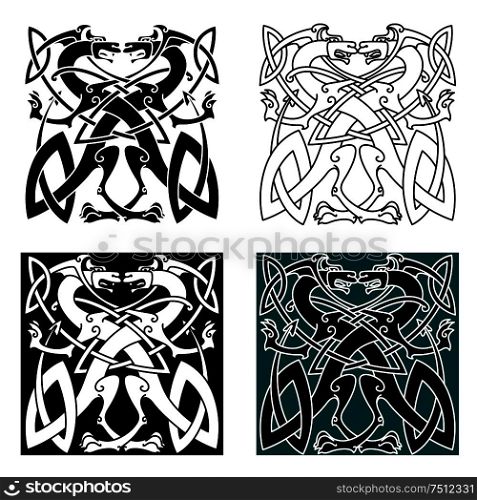Fighting dragons in celtic style with wings and tails knotted into vintage ornamental pattern for tattoo or coat of arms design. Dragons celtic knot vintage pattern