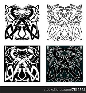 Fighting dragons in celtic style with wings and tails knotted into vintage ornamental pattern for tattoo or coat of arms design. Dragons celtic knot vintage pattern