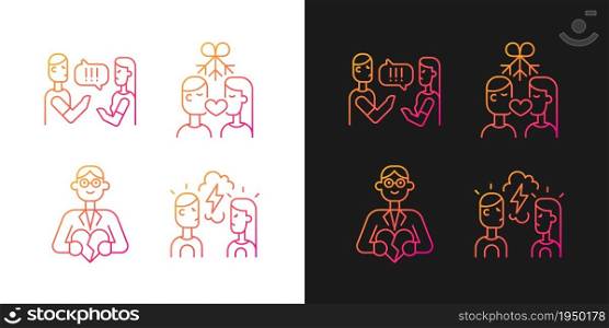 Fighting in relationship gradient icons set for dark and light mode. Family and couple consultant. Thin line contour symbols bundle. Isolated vector outline illustrations collection on black and white. Fighting in relationship gradient icons set for dark and light mode