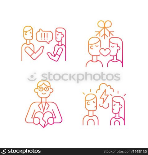 Fighting in relationship gradient linear vector icons set. Criticizing each other. Healthy romance. Family consultant. Thin line contour symbols bundle. Isolated outline illustrations collection. Fighting in relationship gradient linear vector icons set