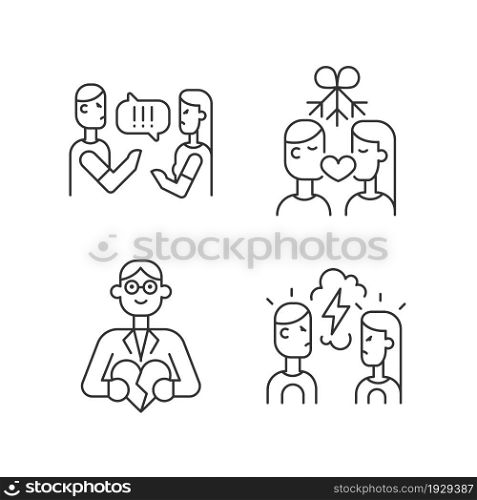 Fighting in relationship linear icons set. Couple criticizing each other. Family and couples consultant. Customizable thin line contour symbols. Isolated vector outline illustrations. Editable stroke. Fighting in relationship linear icons set