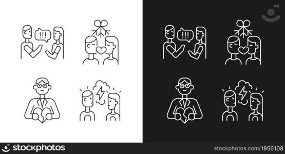 Fighting in relationship linear icons set for dark and light mode. Healthy romantic relation. Family consultant. Customizable thin line symbols. Isolated vector outline illustrations. Editable stroke. Fighting in relationship linear icons set for dark and light mode