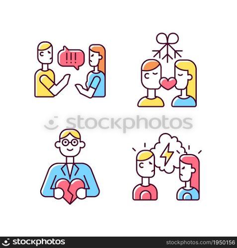 Fighting in relationship RGB color icons set. Couple criticizing each other. Healthy relation. Family and couples consultant. Isolated vector illustrations. Simple filled line drawings collection. Fighting in relationship RGB color icons set