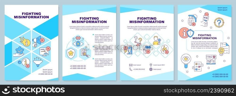 Fighting misinformation brochure template. Information warfare. Leaflet design with linear icons. 4 vector layouts for presentation, annual reports. Arial-Black, Myriad Pro-Regular fonts used. Fighting misinformation brochure template