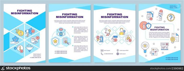 Fighting misinformation brochure template. Information warfare. Leaflet design with linear icons. 4 vector layouts for presentation, annual reports. Arial-Black, Myriad Pro-Regular fonts used. Fighting misinformation brochure template