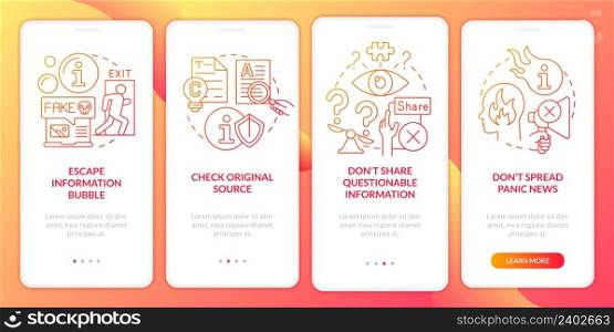 Fighting misinformation red gradient onboarding mobile app screen. Walkthrough 4 steps graphic instructions pages with linear concepts. UI, UX, GUI template. Myriad Pro-Bold, Regular fonts used. Fighting misinformation red gradient onboarding mobile app screen