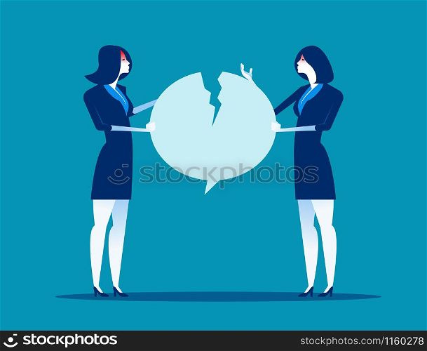 Fighting over speech bubble. The quarrel between employees. Concept business vector illustration.