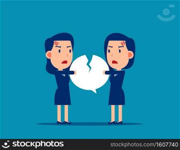 Fighting over speech bubble. The quarrel between employees concept. Cute flat business cartoon vector illustration.