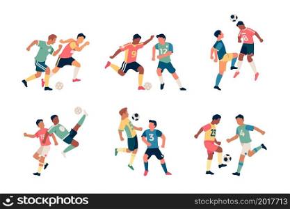 Fighting soccer players. Athletes dynamic poses, active struggle for ball, attempt kicking, football game moments, sport actions, goalkeeper sports uniform, vector cartoon flat style isolated set. Fighting soccer players. Athletes dynamic poses, active struggle for ball, attempt kicking, football game moments, sport actions, goalkeeper sports uniform vector set