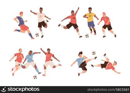 Fighting soccer players. Athletes fight for ball, footballer actions, sports team game, people in uniform, sharp match moments. Olympic professional sport collection. Vector cartoon flat isolated set. Fighting soccer players. Athletes fight for ball, footballer actions, sports team game, people in uniform, sharp match moments. Olympic professional sport. Vector cartoon flat isolated set
