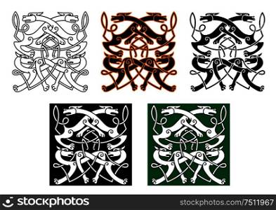 Fighting wolves celtic patterns with mythical animals and decorative knot elements for tattoo or medieval themes design. Fighting wolves celtic pattern ornament