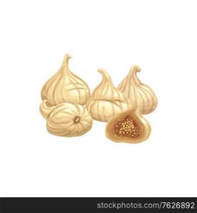 Figs dried fruits, dry food snacks and fruit sweets, vector isolated icon. Dried figs, fruity culinary and sweet dessert ingredient, vegetarian natural organic food. Figs dried fruits, dry food snack and fruit sweets