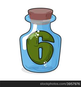 Figure 6 retro laboratory flask, bottle. Six in old magic potion bottle with a wooden stopper. Bottle for scientific research and experimentation. Vector illustration