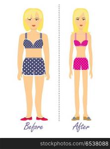 Figure of Woman Before and After Diet. Vector.. Figure of woman before and after diet. Banner of person before and after weight loss. Sportive and fat girl isolated. Promotion healthy diet and good fit. Fitness, sport, jogging. Vector illustration
