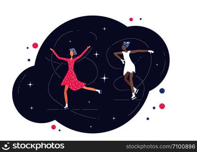 Figure skating concept. Group of girl on the night rink with decoration. Ice skating show. Vector illustration.