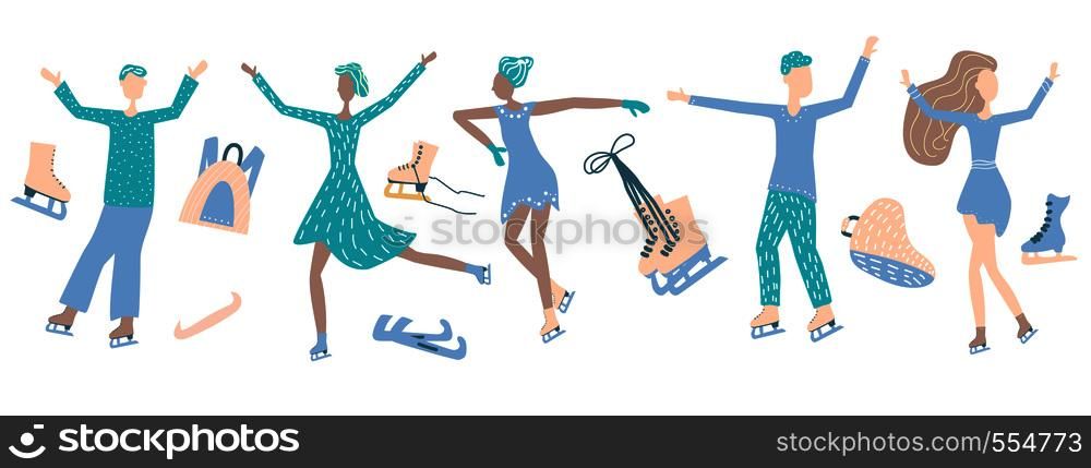 Figure skating concept. Group of people on the rink and sport equipment. Vector flat illustration.