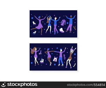 Figure skating concept. Group of people on the rink and sports equipmqnt. Vector illustration.