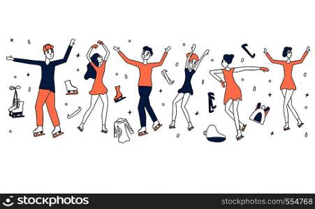 Figure skating concept. Group of people on the rink. Vector doodle illustration.