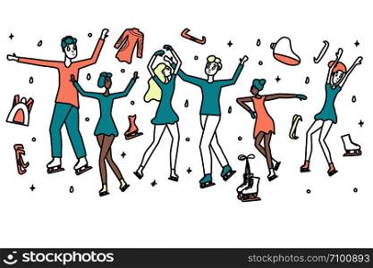 Figure skating concept. Group of people on the rink. Vector illustration.