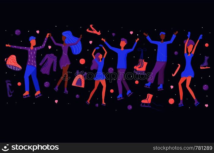 Figure skating concept. Group of peopleon skaters with decoration. Vector illustration.