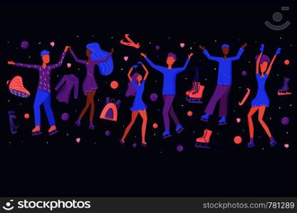 Figure skating concept. Group of peopleon skaters with decoration. Vector illustration.