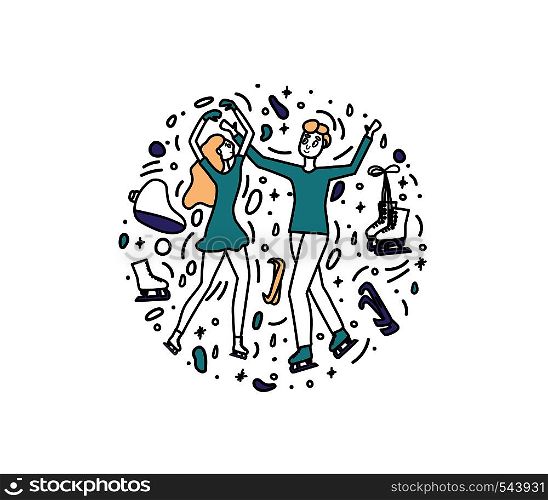 Figure skating concept. Round composition in doodle style with atletes and sport equipment. Vector illustration.