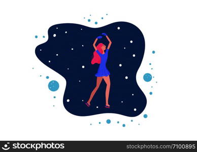 Figure skating concept. Woman dance on the rink with snow and decoration. Vector illustration.