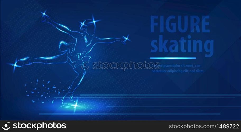 Figure skating dancing on ice. Blue neon horizontal banner. Olympic winter sport. Ice woman dancing girl action. Ladies figure skating. Ice show. Action blue neon winter sport vector background.. Figure skating dancing on ice Blue neon banner