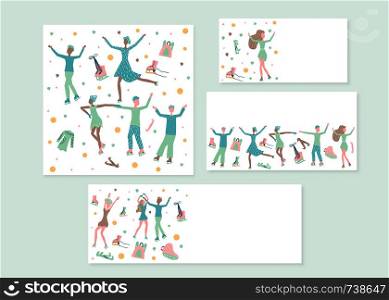 Figure skating set of templates. Group of people on the rink. Vector illustration.