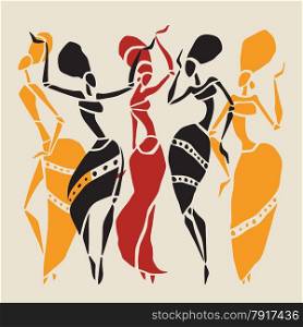 Figures of african dancers. Dancing woman in ethnic style. Vector Illustration.. African dancers silhouette set.