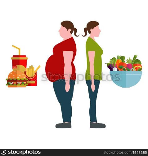 Figures of women thick and thin. A plate with vegetables and fast food. Weight loss concept. Vector illustration. Weight loss concept. Vector illustration. Figures of women thick and thin. A plate with vegetables and fast food.