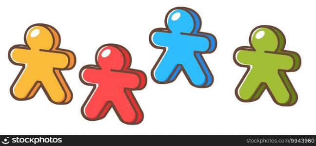 Figurines or figures in shape of people, human plastic piece for rpg or board game. Isolated icon of plaything for kids or adults. Strategy and tournaments playing and winning. Vector in flat style. Board game figurines in shape of humans vector