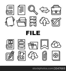 File Computer Digital Document Icons Set Vector. Graphic And Video Electronic File Load And Upload To Cloud Storage Data Center, Sharing And Transfer In Internet Black Contour Illustrations. File Computer Digital Document Icons Set Vector