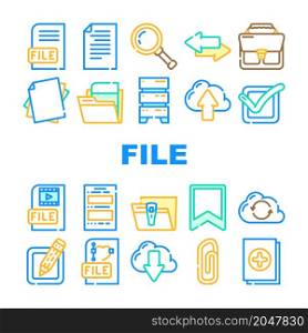 File Computer Digital Document Icons Set Vector. Graphic And Video Electronic File Load And Upload To Cloud Storage Data Center, Sharing And Transfer In Internet Line. Color Illustrations. File Computer Digital Document Icons Set Vector