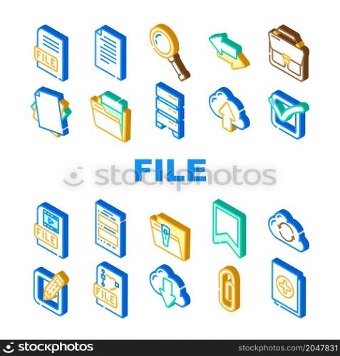 File Computer Digital Document Icons Set Vector. Graphic And Video Electronic File Load And Upload To Cloud Storage Data Center, Sharing And Transfer In Internet Isometric Sign Color Illustrations. File Computer Digital Document Icons Set Vector