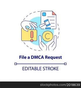 File DMCA request concept icon. Content protection abstract idea thin line illustration. Pirated materials takedown process. Legal liability. Vector isolated outline color drawing. Editable stroke. File DMCA request concept icon
