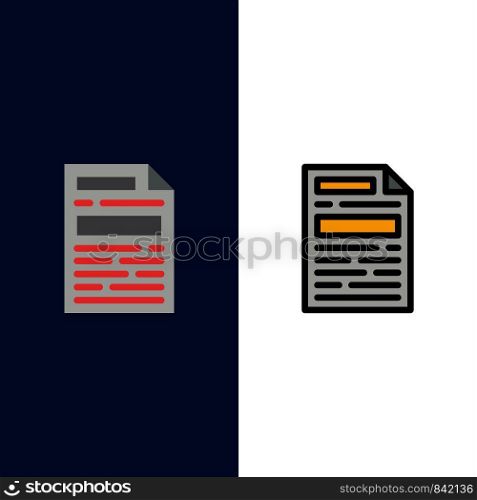 File, Document, Design Icons. Flat and Line Filled Icon Set Vector Blue Background