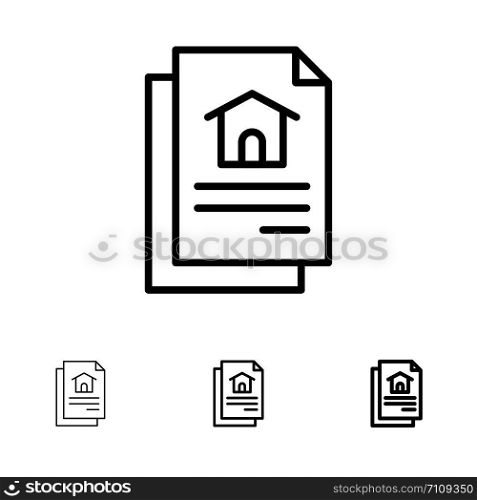 File, Document, House Bold and thin black line icon set
