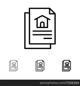 File, Document, House Bold and thin black line icon set