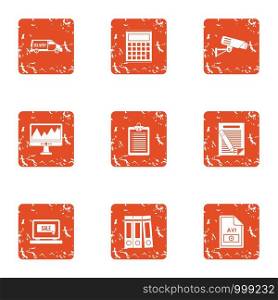 File document icons set. Grunge set of 9 file document vector icons for web isolated on white background. File document icons set, grunge style